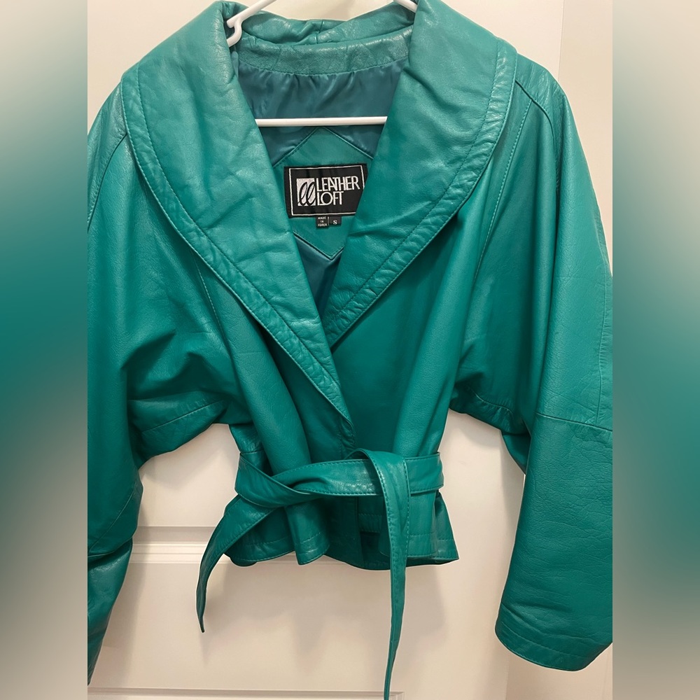 Vintage 90s green leather jacket, size small.